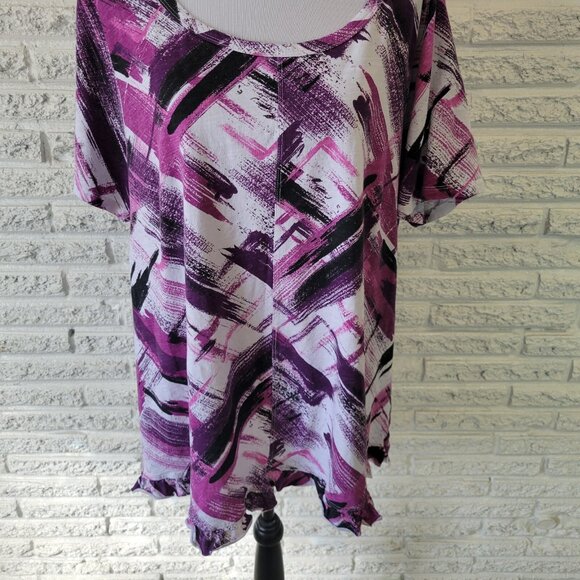 Zim Zoe Womens Top 22 24 Plus Tee Purple Watercolor Cotton Ruffle WAT32E - Picture 3 of 8